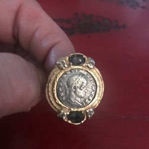 Gold-Tone Women's Coin Statement Ring with Black Gem Accents